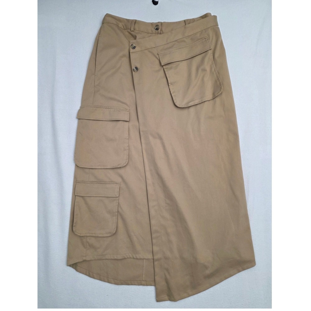The Drop Karen Britchick Cargo Midi Skirt L Tan Khaki Asymmetrical Utility Twill